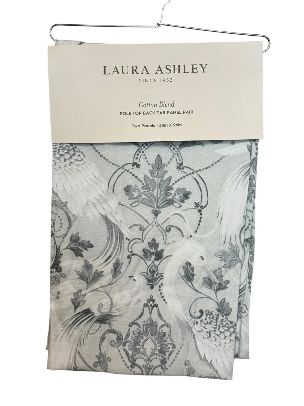 NWT Laura Ashley Cotton Blend Bird Damask Back Tab Curtain Panel Pair Gray 38x96
